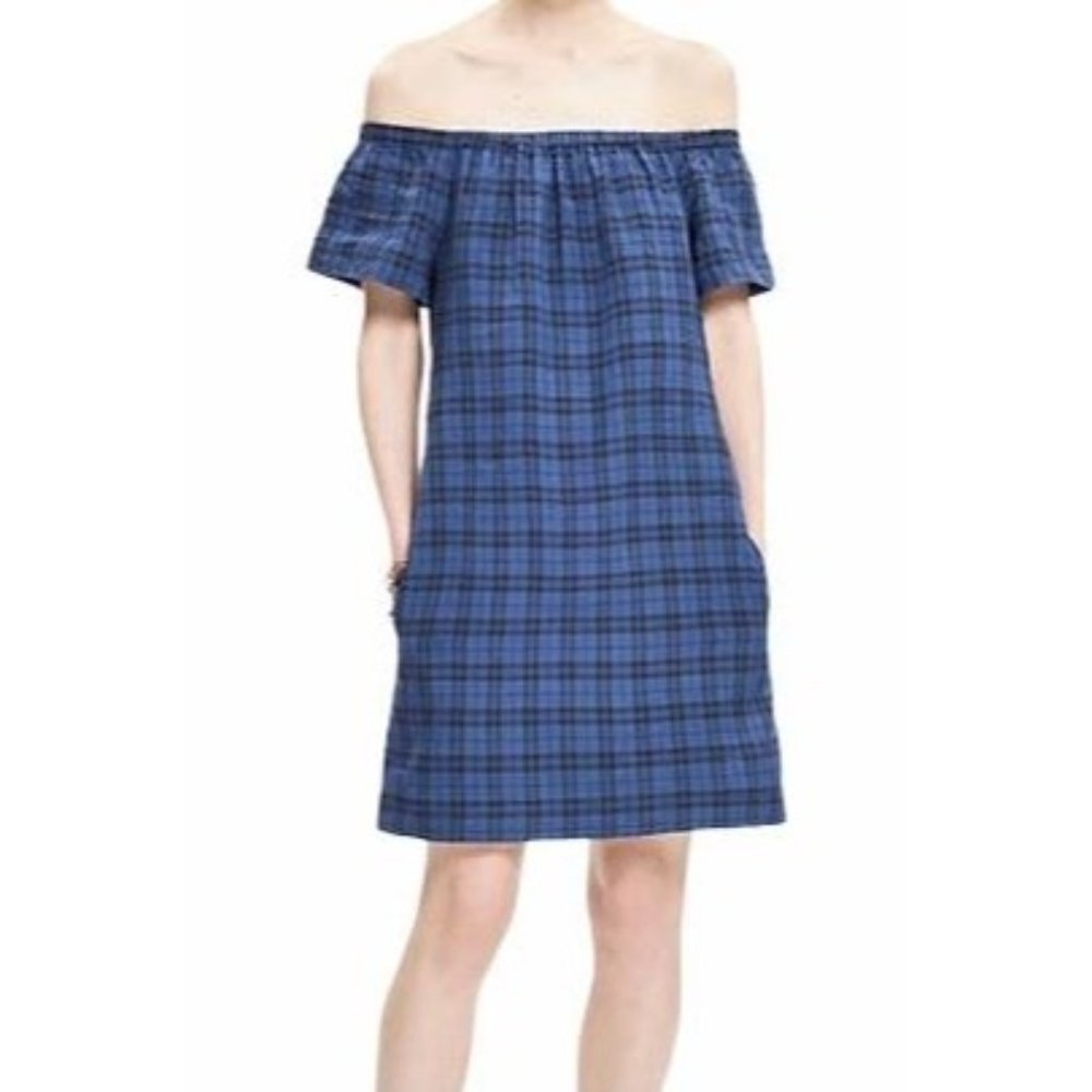 Madewell blue plaid flannel linen blend off shoulder shift dress 12 MSRP 128